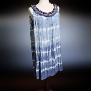 Embroidered Fringe Neckline Tank Dress.  Gauzy Tie Die Mini Swim Cover up XL